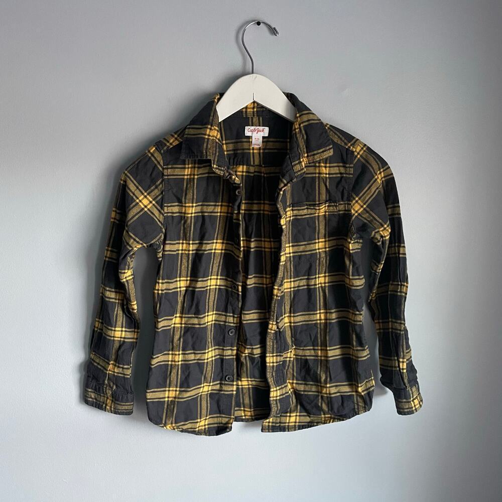 Cat & Jack Kids Flannel Plaid Button up Shirt Black Yellow Medium 8 100% Cotton